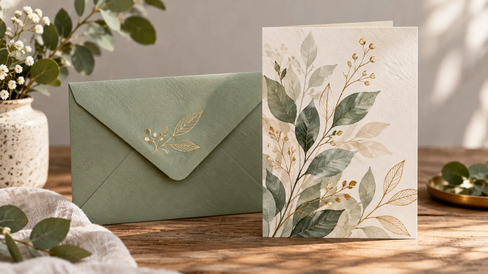 Illustrated botanical card design with layered leaves and a quiet formal mood