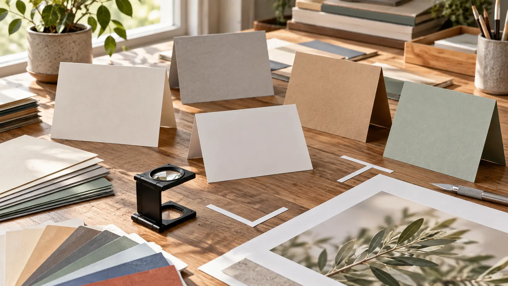 Blank card concepts arranged under a print loupe with paper stock and crop guides