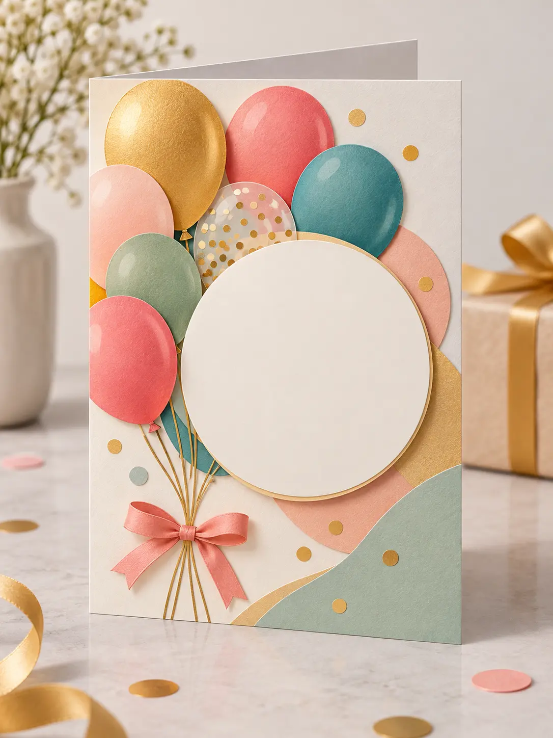 Card maker designing a modern birthday card with abstract balloons and a blank message area