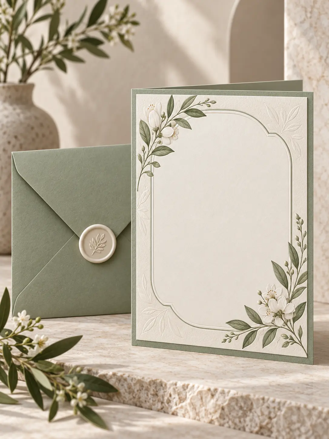 Card maker creating an elegant botanical invitation card with layered paper and open space