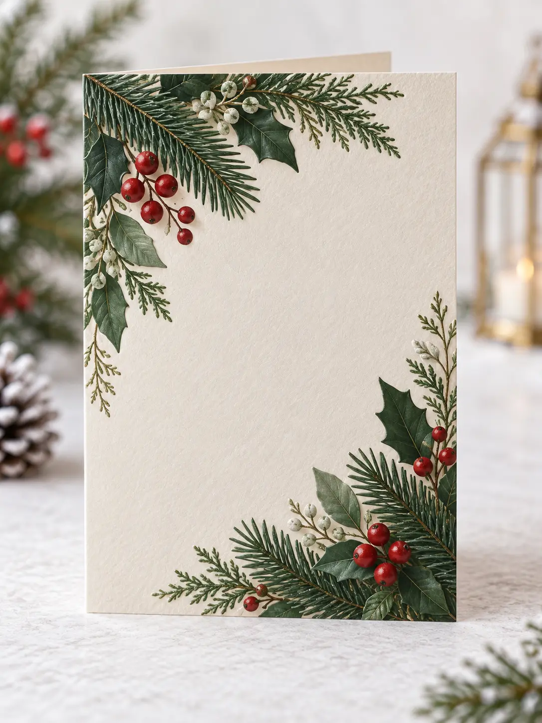 Card maker creating a refined holiday card with evergreen branches and a calm blank message area