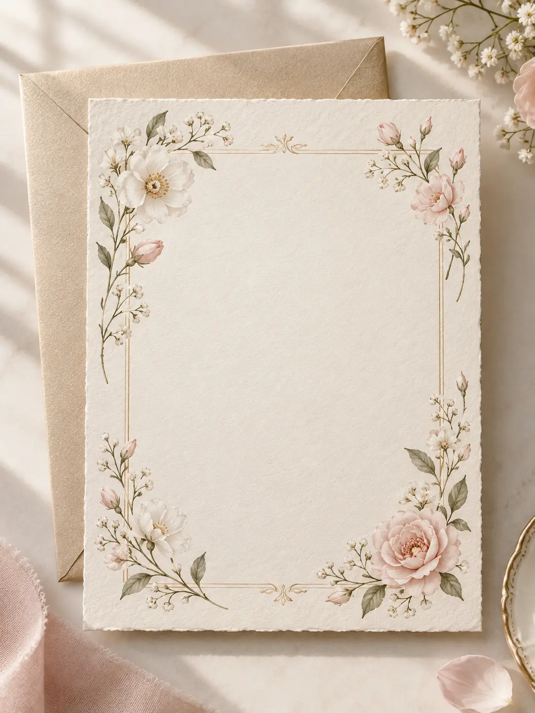 Card maker shaping an elegant wedding card with soft florals and a generous blank center