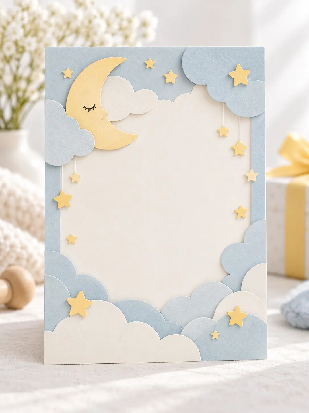 Card maker designing a gentle baby shower card with paper-cut shapes and open writing space