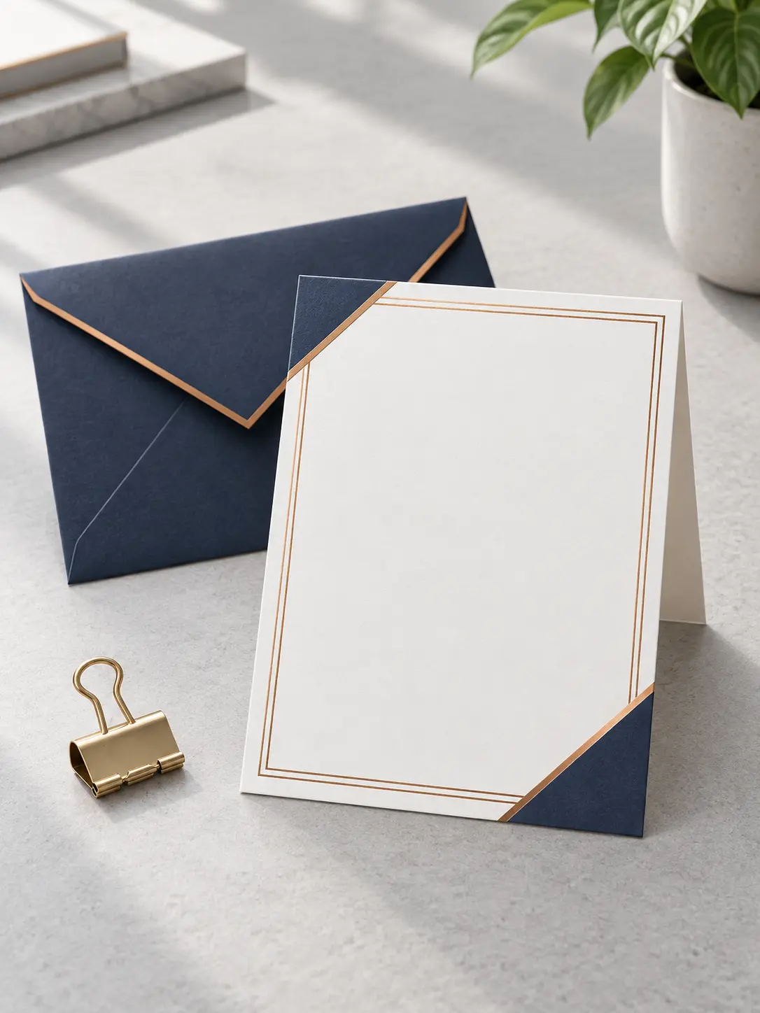 Card maker developing a polished business thank-you card with restrained geometric accents