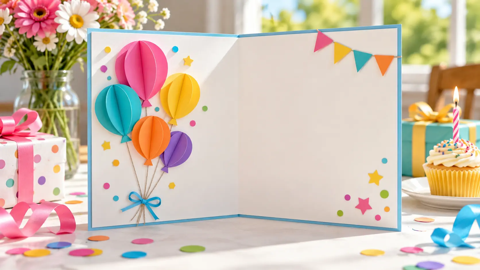 Modern birthday card with sculpted balloons and a blank greeting panel