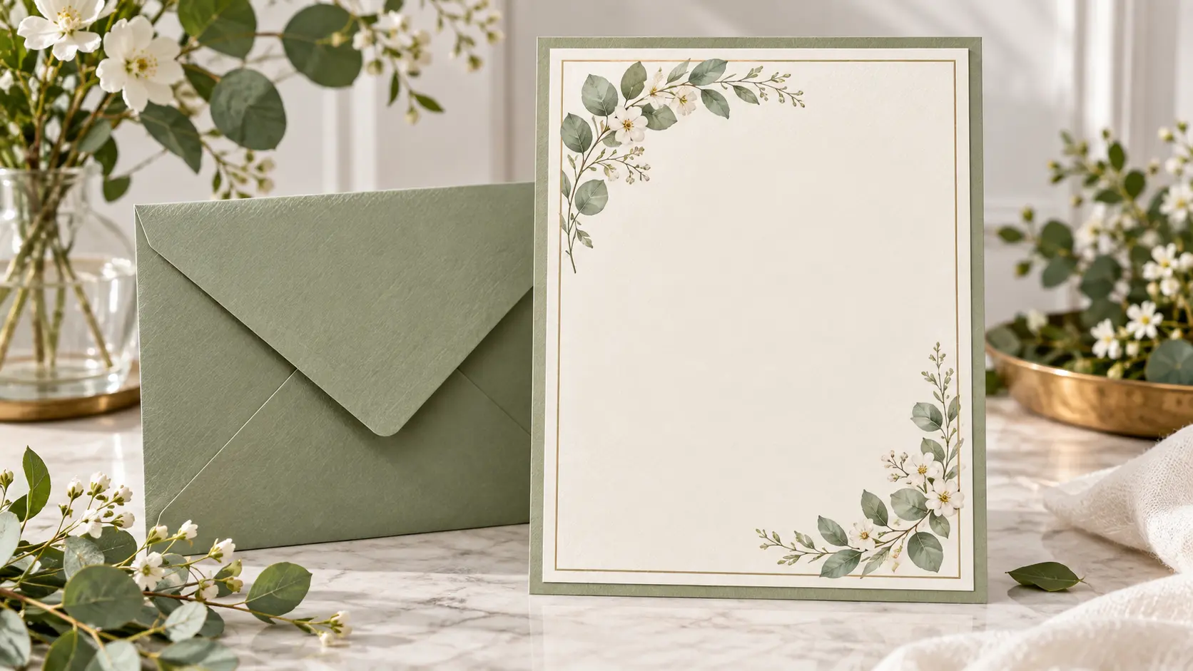 Elegant blank invitation with botanical framing and matching envelope