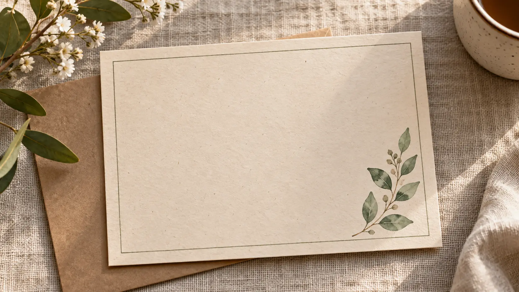 Warm blank thank-you card with a small illustrated leaf and generous writing area
