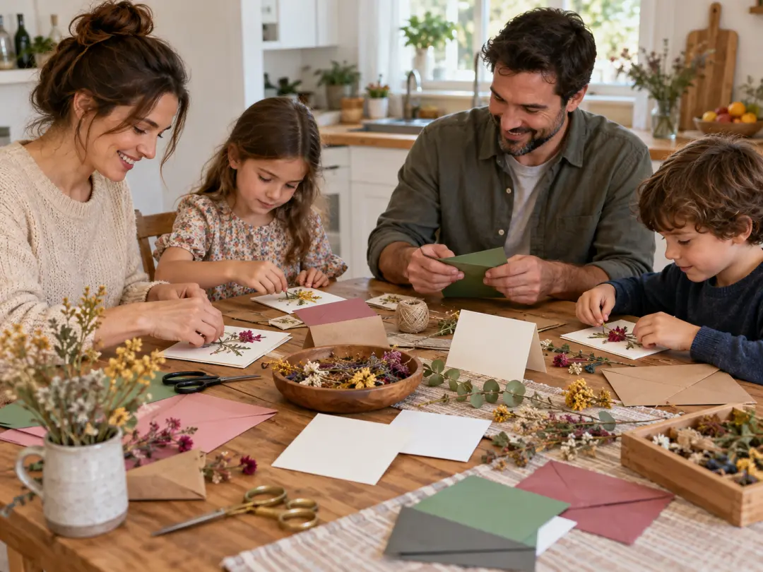 Family members arranging colored paper, dried flowers, and blank cards around a kitchen table