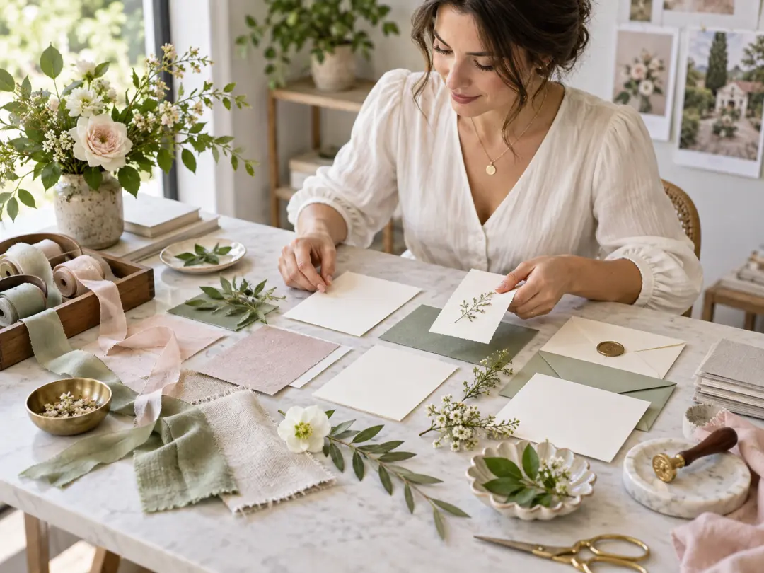 Event planner comparing blank invitation concepts with fabric, ribbon, and botanical samples