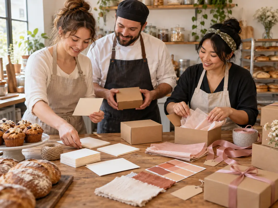 Small bakery team arranging blank thank-you cards with packaging and warm brand colors