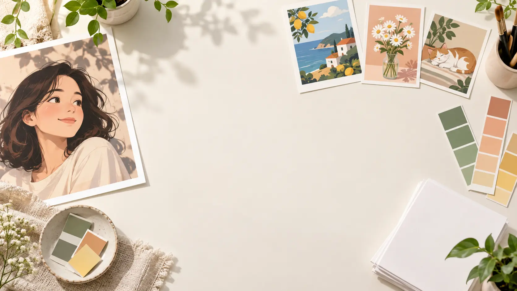 Bright photo editing table with a portrait and cartoon style samples in natural light