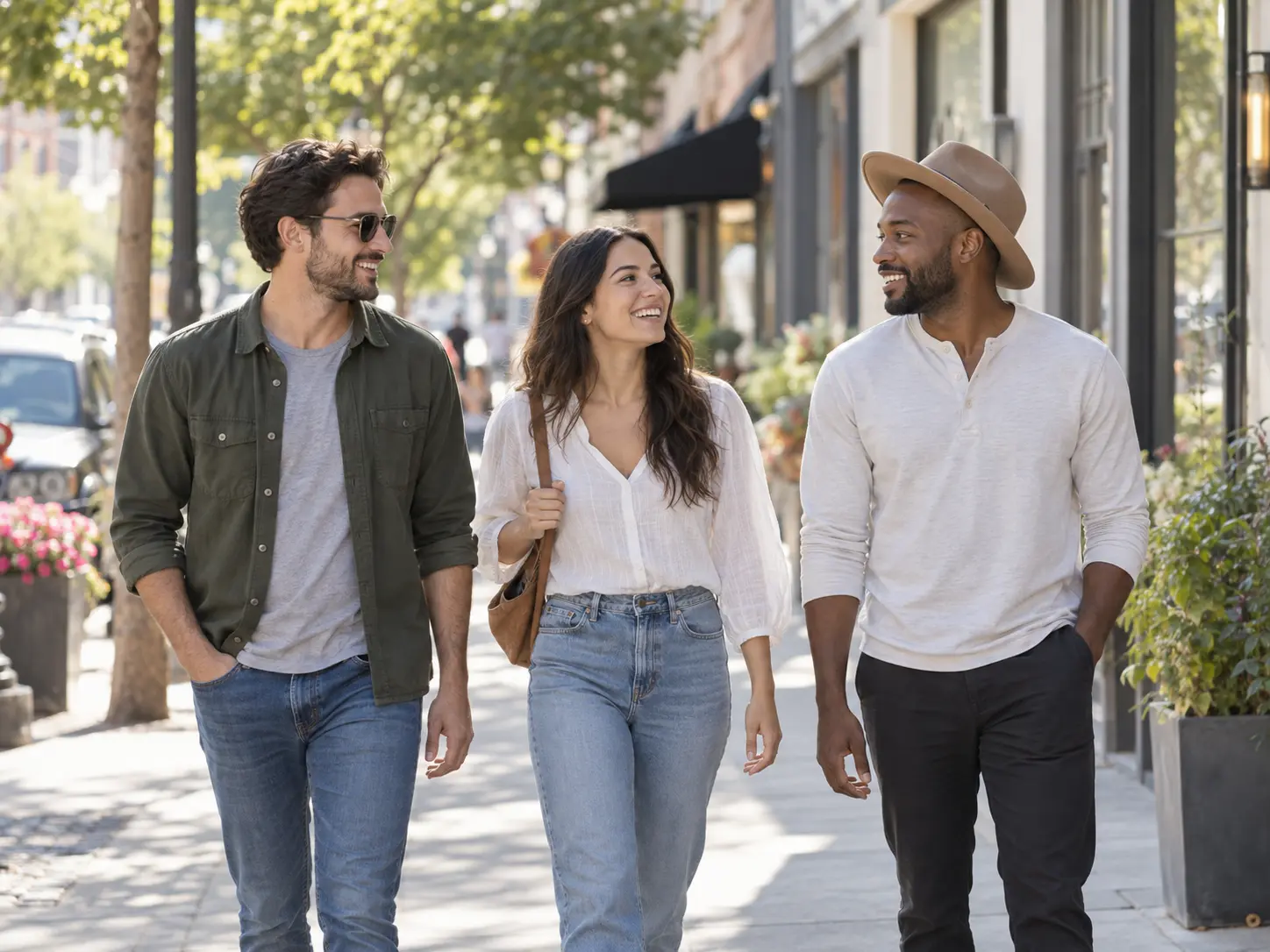 Original photograph of friends walking through a sunny city street