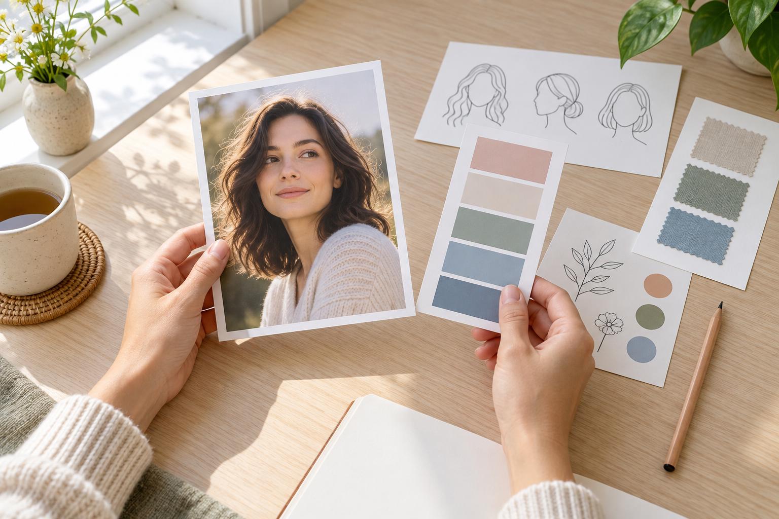 Person reviewing a portrait photo beside a simple style brief