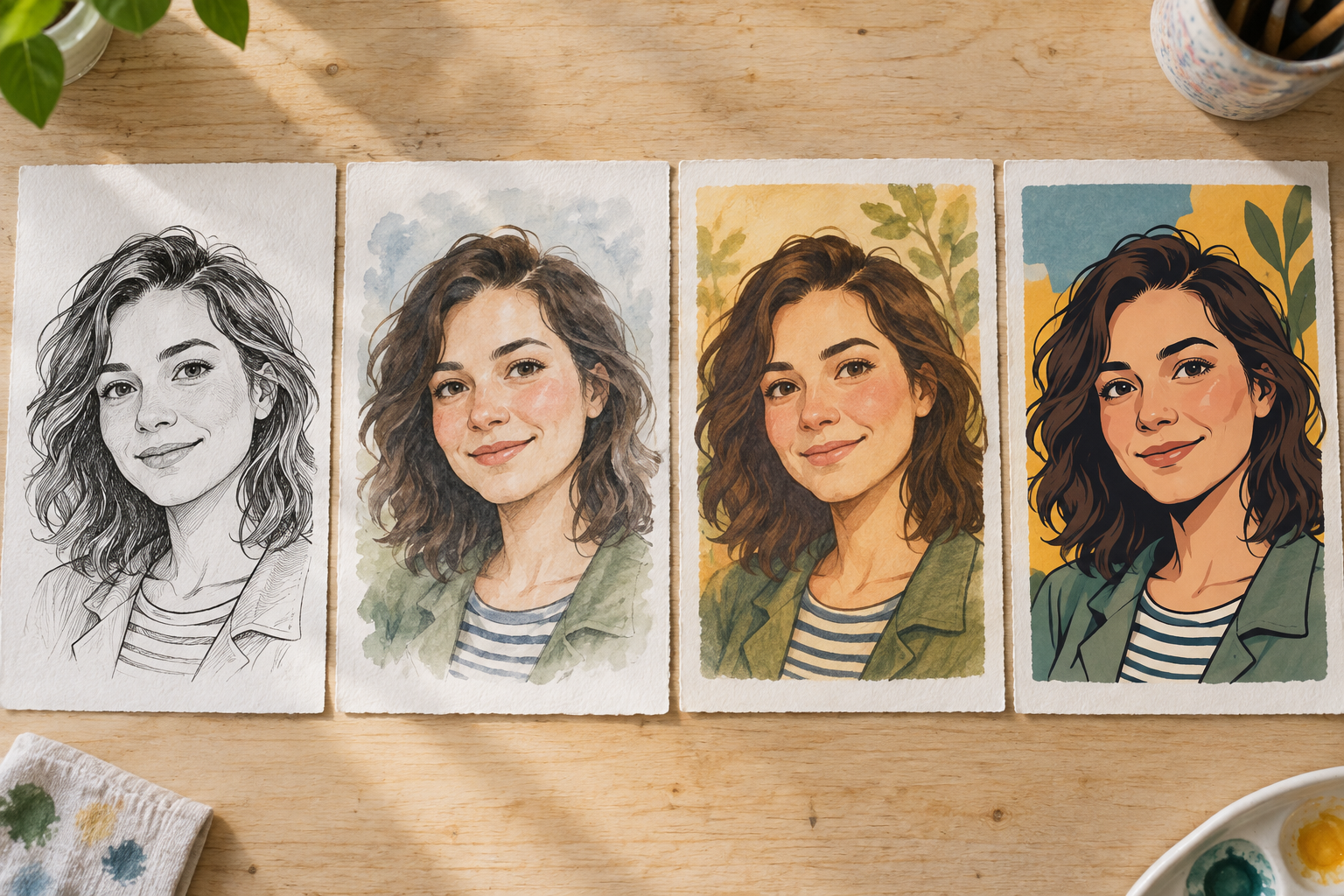Photo displayed with several cartoon style swatches and clean linework examples