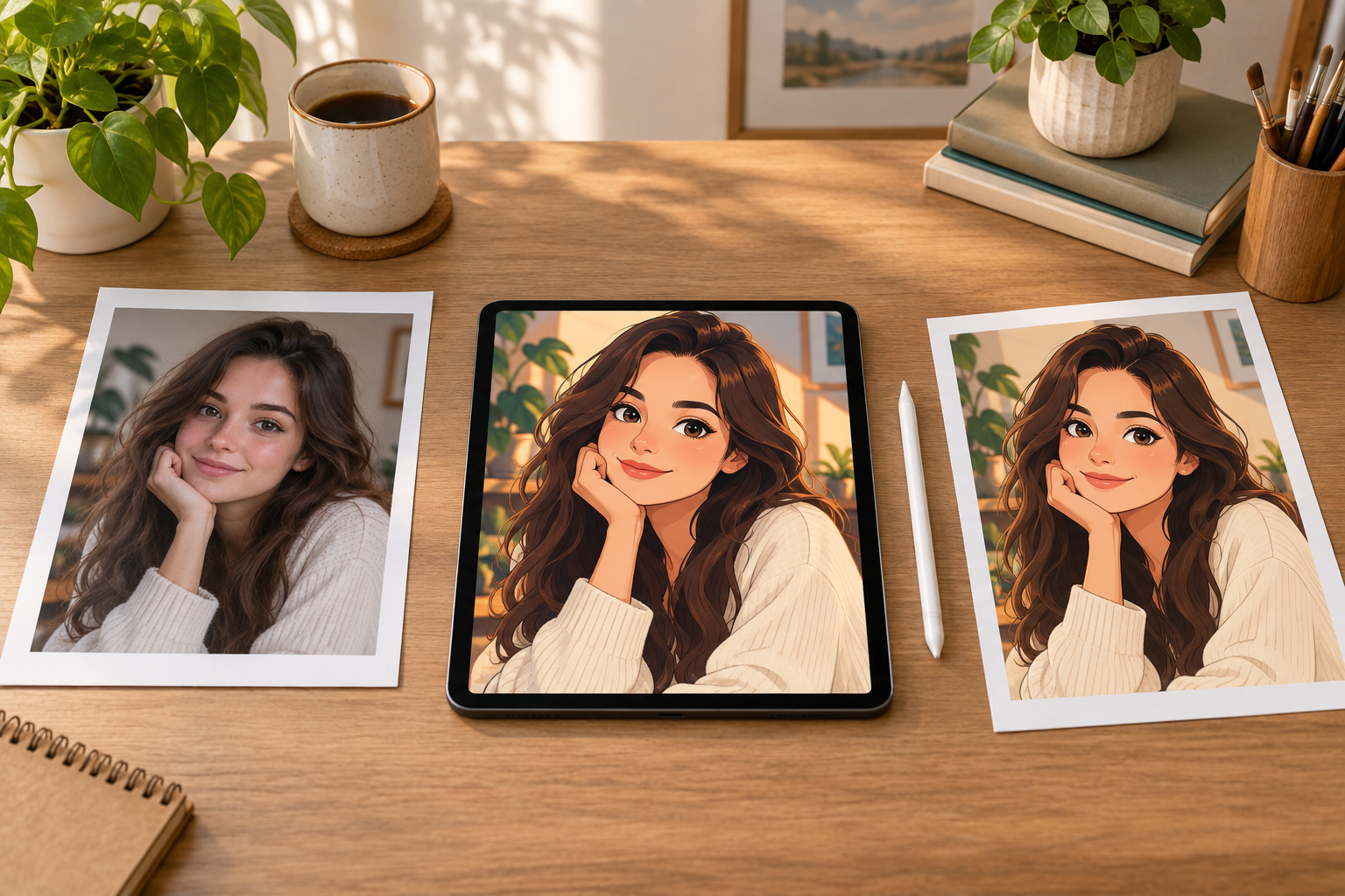 Cartoon portrait proof on a tablet beside the original photograph and a stylus