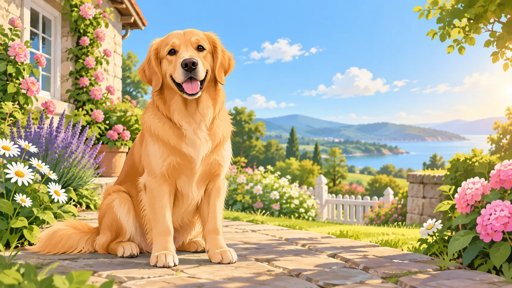 Cartoon pet portrait of a friendly dog in a sunlit garden