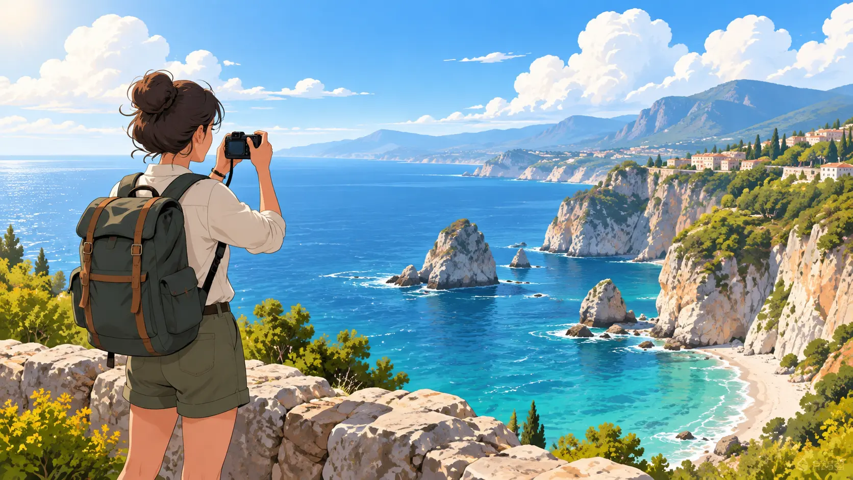 Cartoon traveler at a scenic coastal viewpoint rendered from a vacation memory