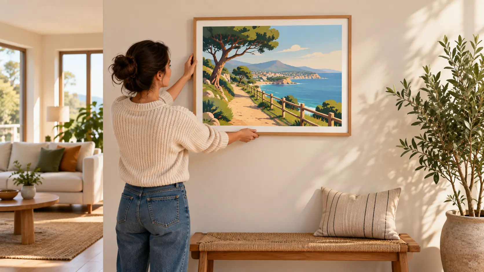 Cartoon landscape print being hung as colorful wall art in a bright living room