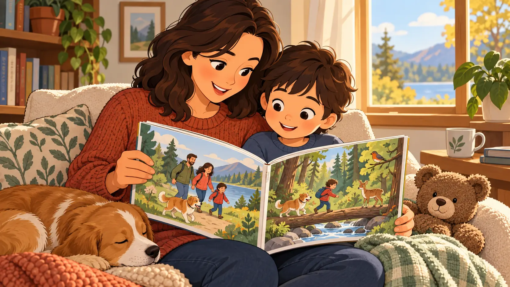 Adult and child reading a wordless personalized picture book with cartoon family and pet scenes