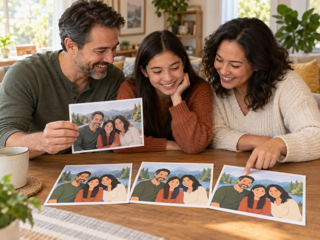 Family members turning a favorite photo into a cartoon keepsake at home
