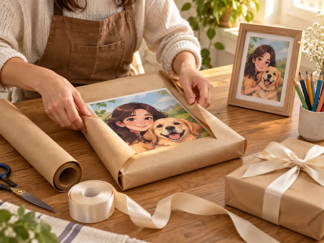 Craft maker preparing a cartoon portrait print as a personalized gift