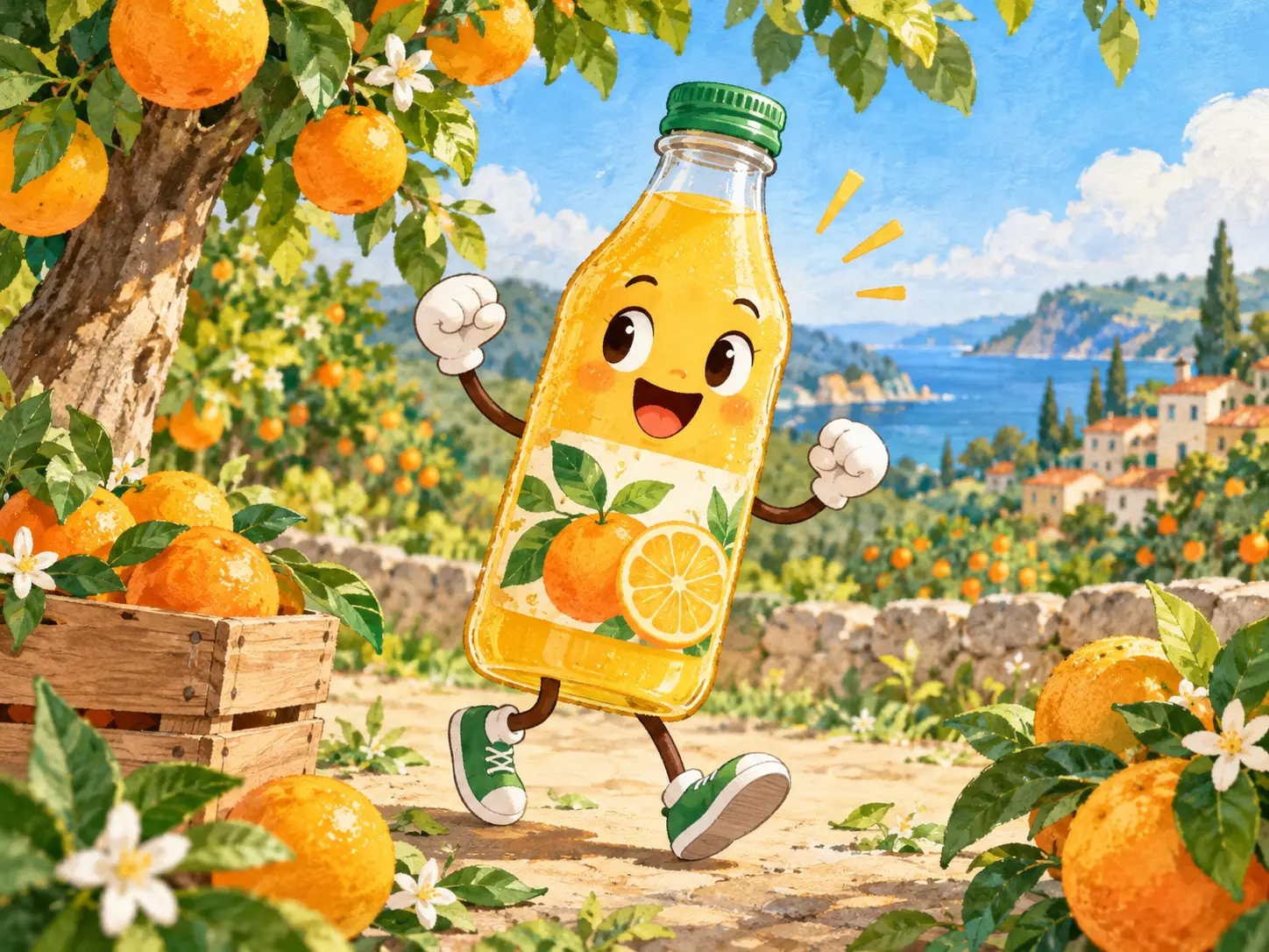 Cartoon marketing video scene with product message, logo reference, and voice direction