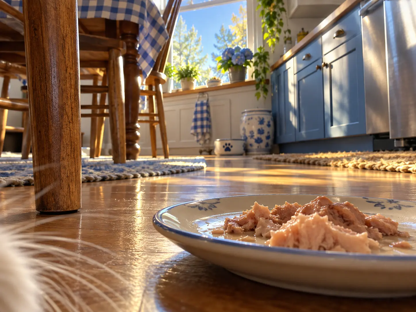 Kitchen viewed from floor-level cat height with a chair and snack appearing unusually large
