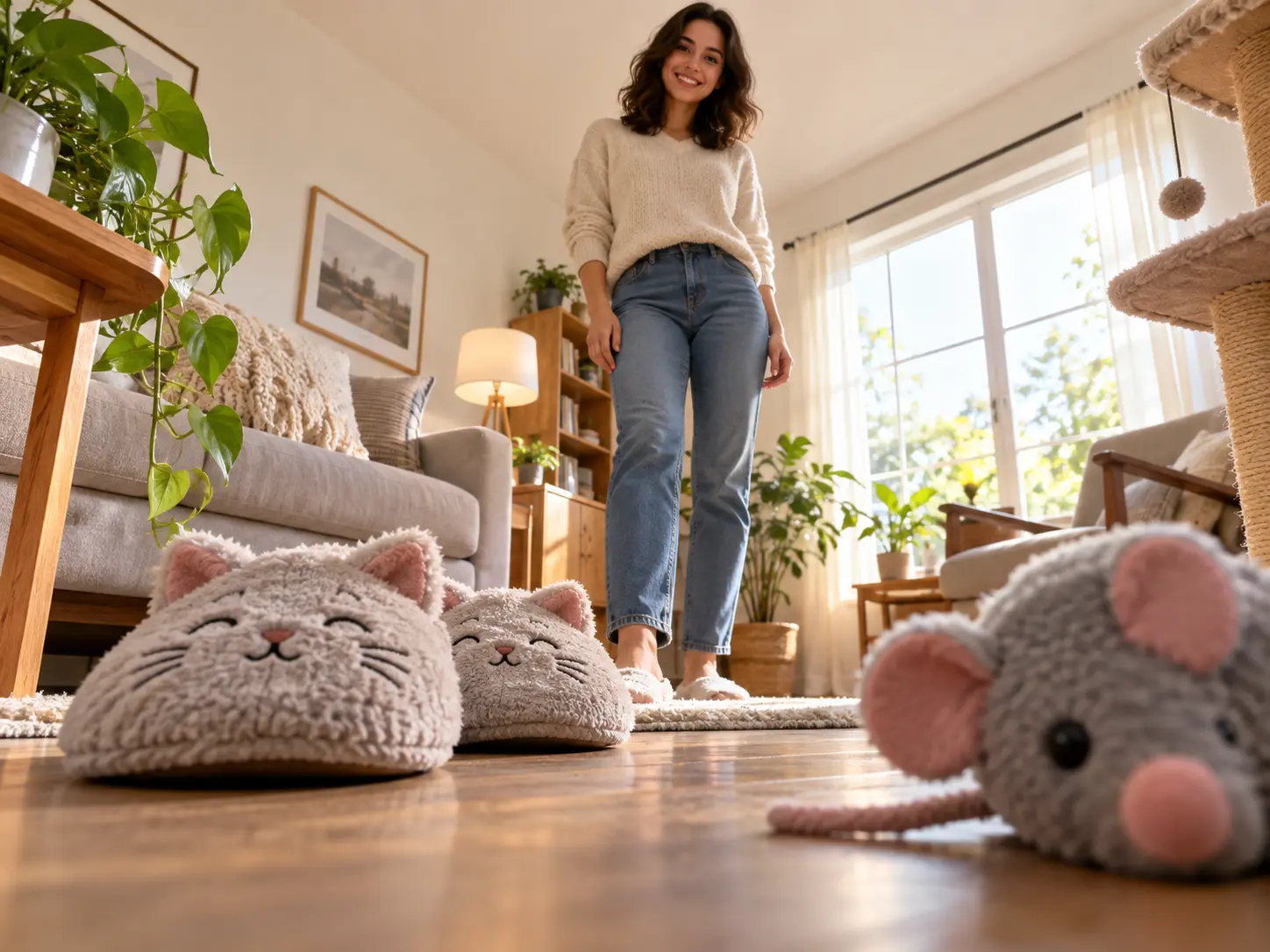 Recognizable person in a living room reinterpreted from a playful low feline viewpoint