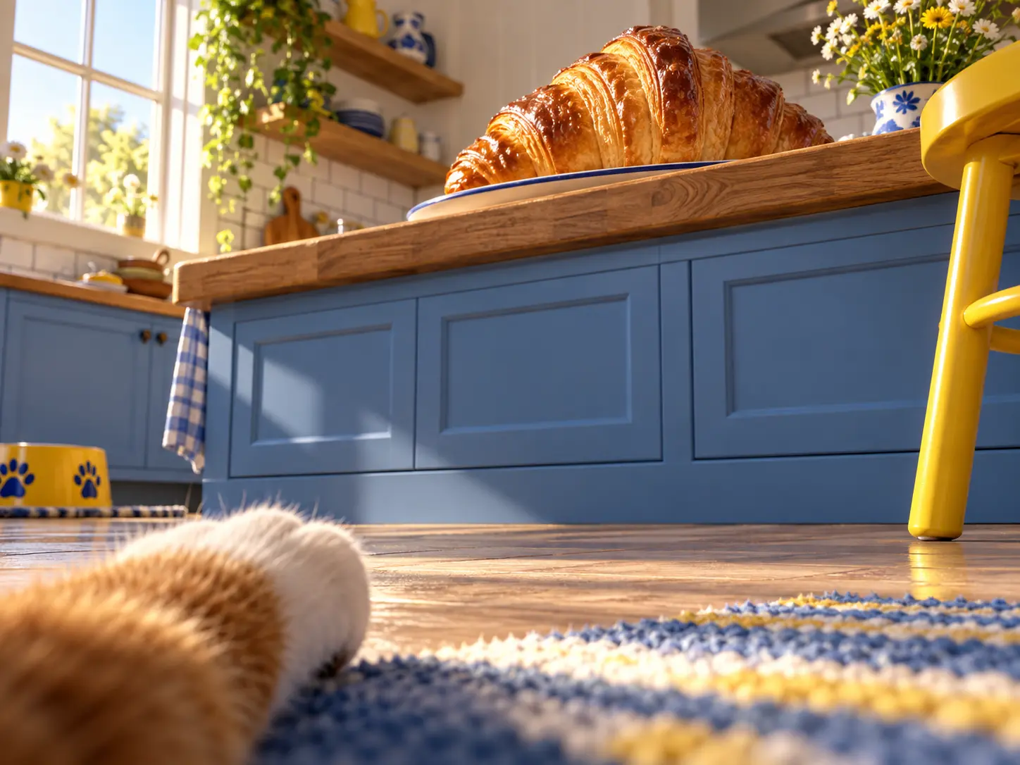 Oversized snack on a kitchen counter seen from a curious cat-eye perspective