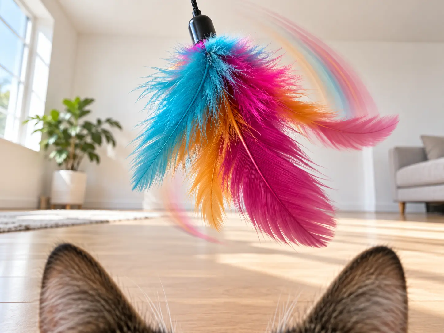Playful close view of a dangling toy from a cat-eye angle with one clear comic focal point