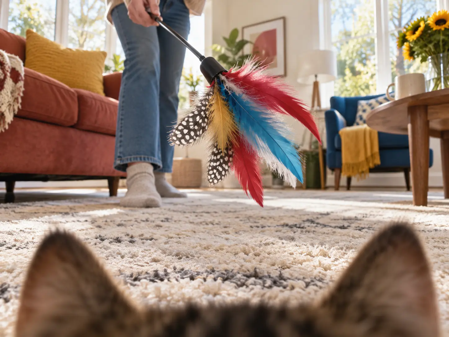 Bright living room transformed into a low cat-eye viewpoint with a toy looming close to the camera