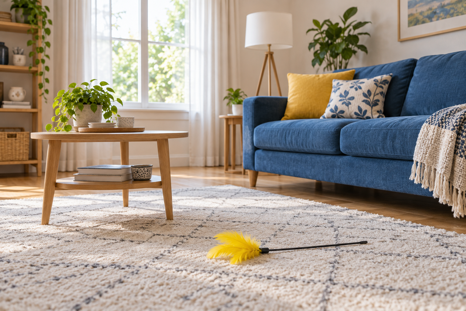 Clear bright living room photo with a toy and furniture ready for a cat vision transformation