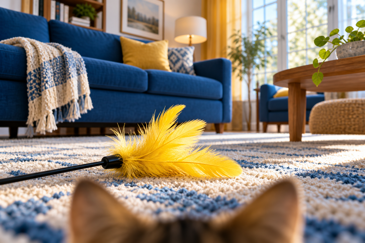 Same living room shifted to a low cat-eye angle with the nearby toy emphasized