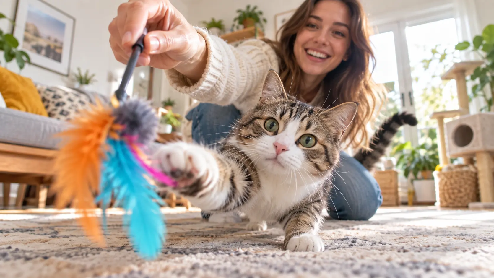Playful pet-owner moment seen from floor-level cat vision for a social reaction post