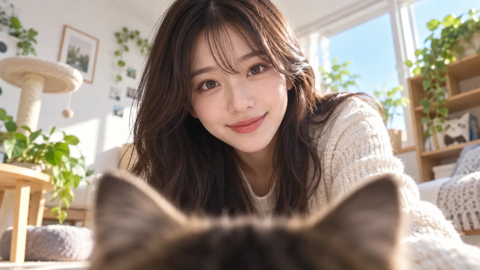 Recognizable face framed from a playful close cat-eye angle for a funny profile picture