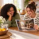 Friends laughing over a printed reaction image created from a playful cat-eye perspective