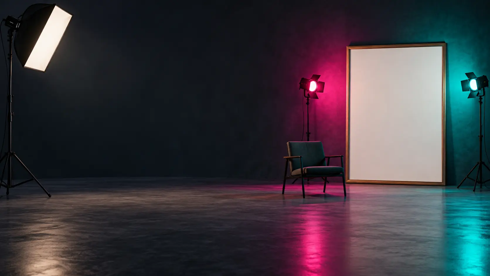 Studio portrait lighting setup with a blank frame and soft colour gels for an AI celebrity look alike result