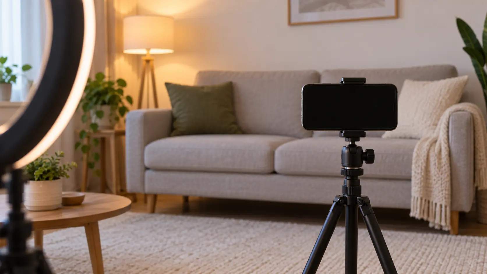 Creator capturing an instant AI celebrity look alike reaction on a phone tripod