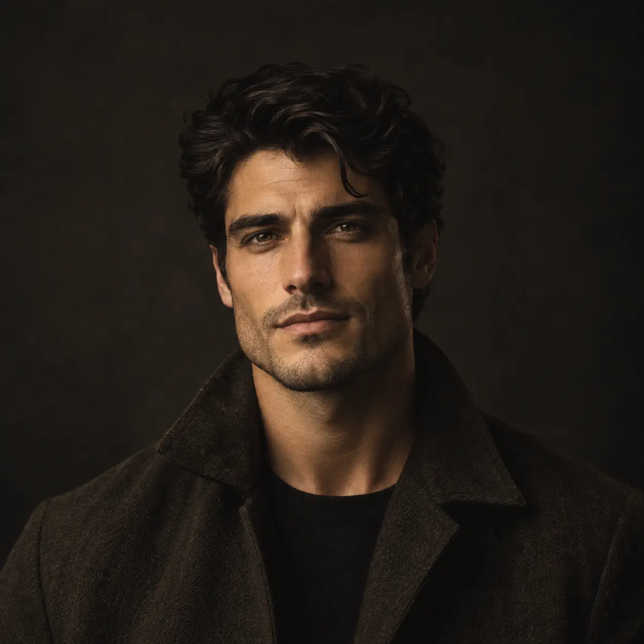 AI celebrity look alike result showing a studio portrait with cinematic lighting and a clean dark background