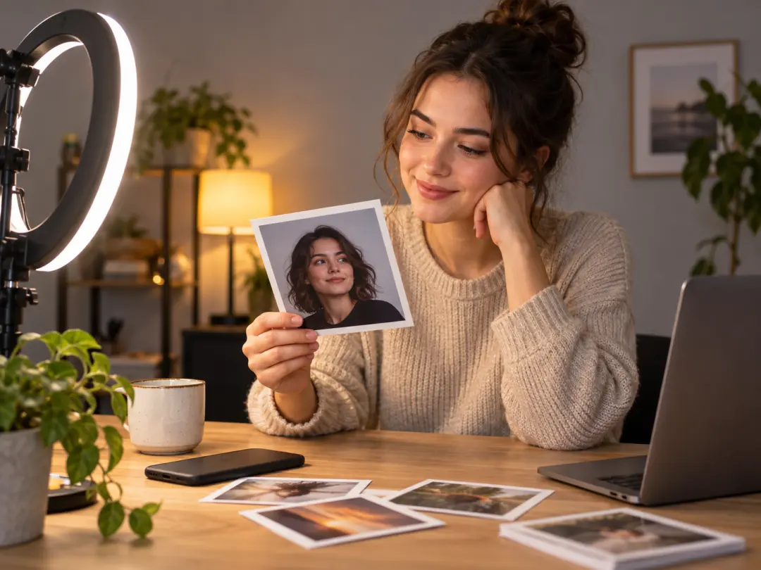 Social media creator reviewing an AI celebrity look alike portrait on a desk before posting