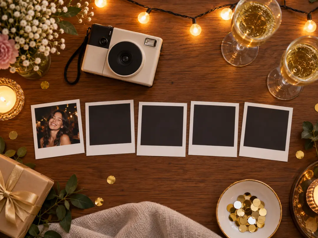 Event host laying out AI celebrity look alike prints for a party game on a table