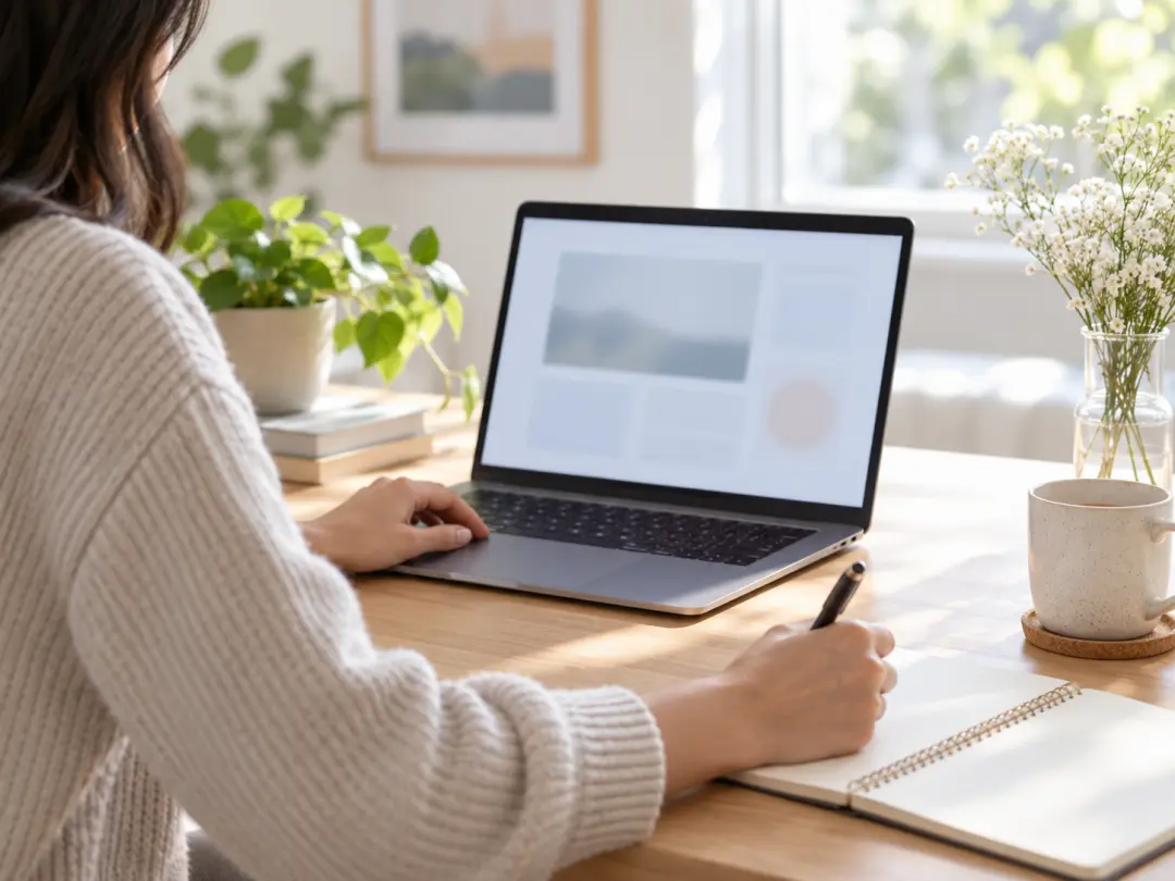 Fan community admin curating AI celebrity look alike submissions on a laptop in a bright room