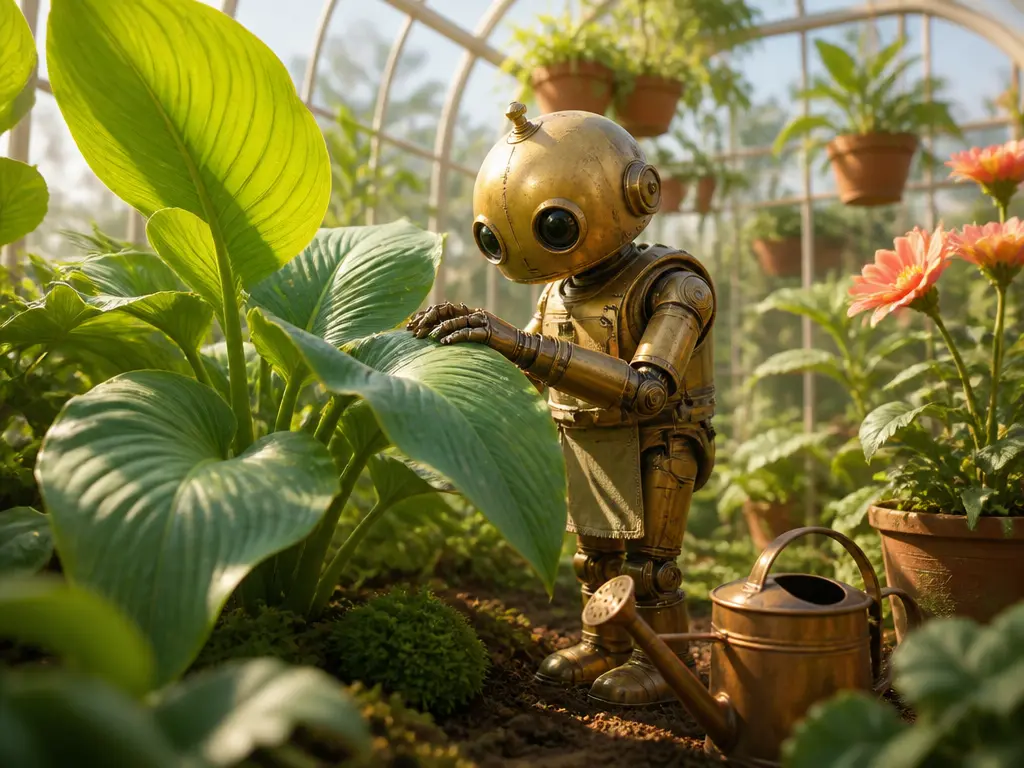 Cinematic opening shot of a handcrafted robot gardener developed from a rough story concept
