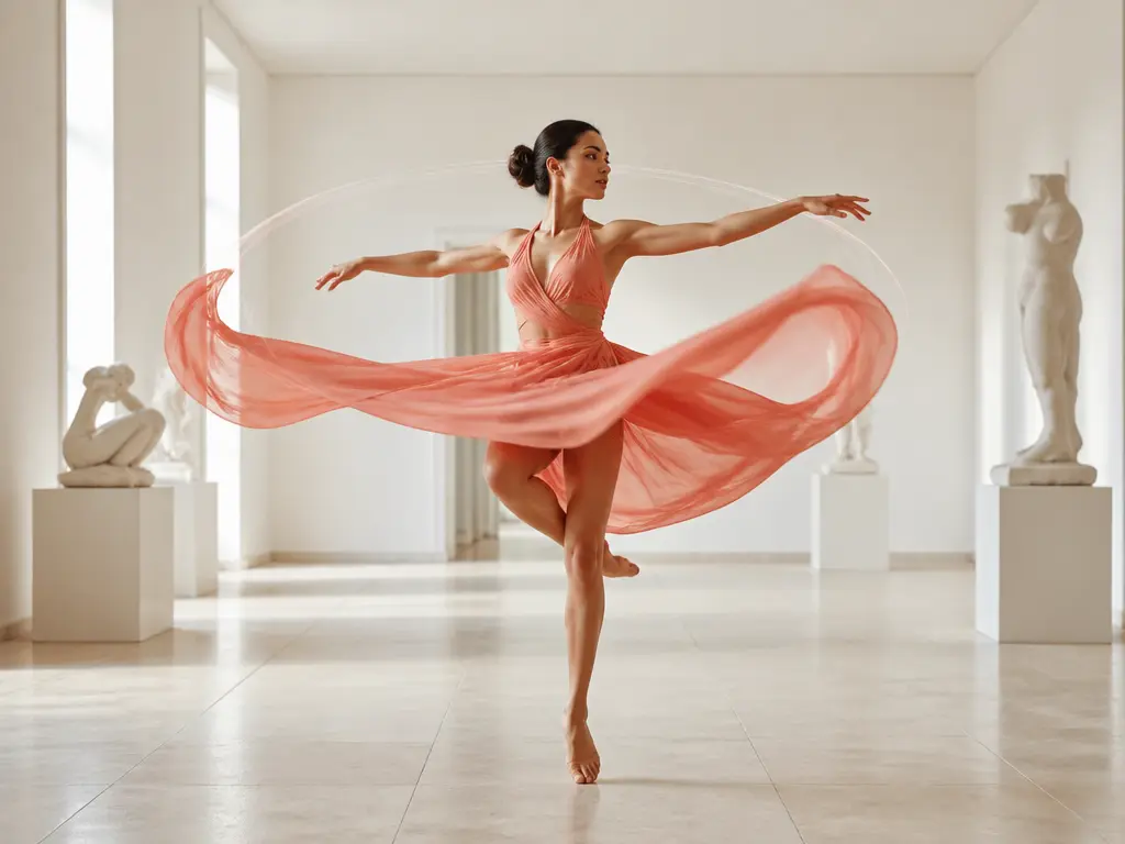Dancer captured mid-turn with controlled motion trails and precise cinematic framing marks