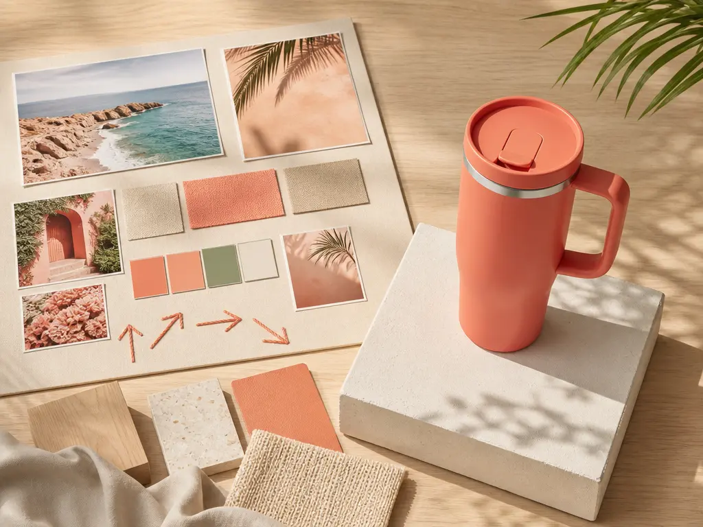 Coordinated product film set matching a tactile board of subject, color, and camera references