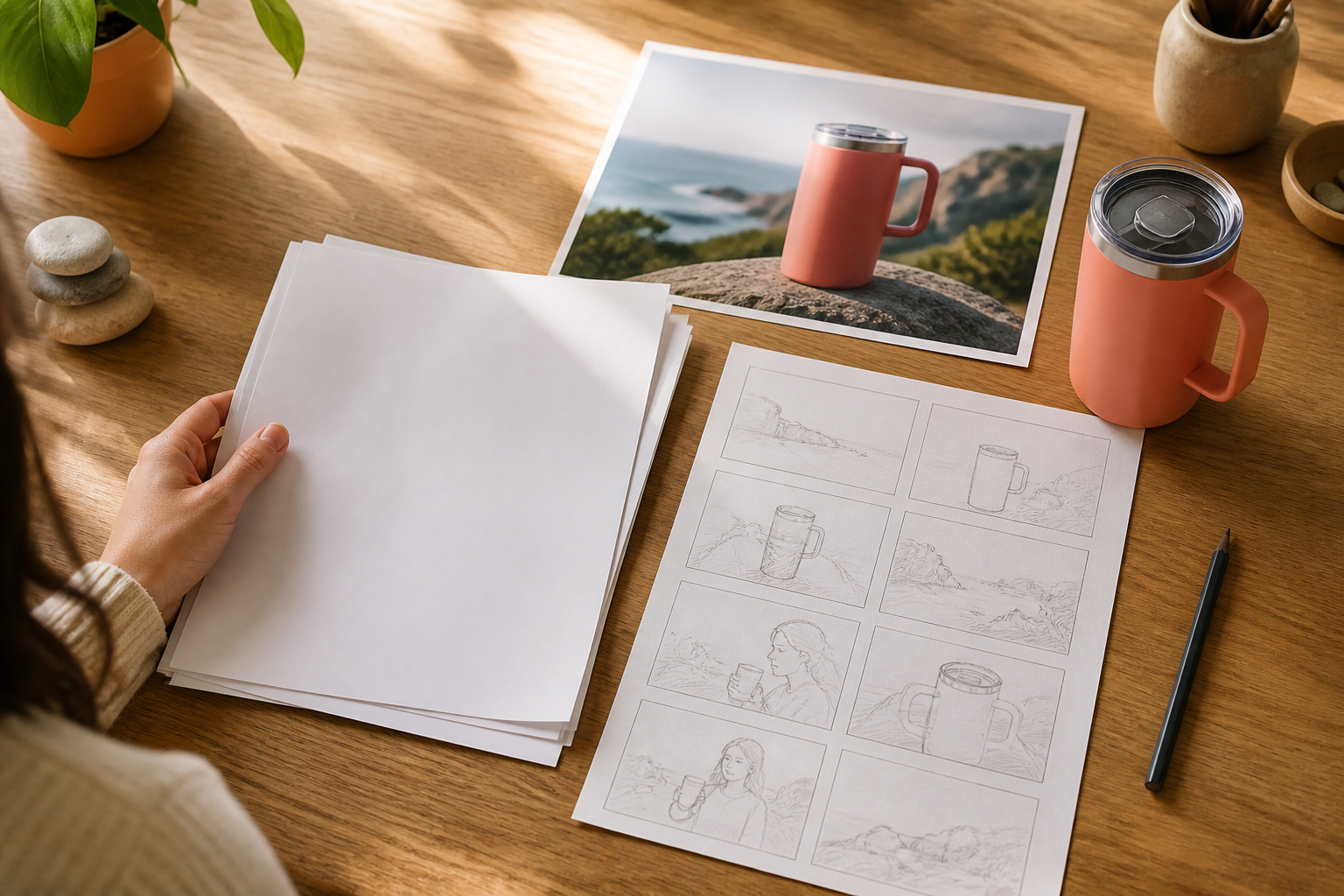 Creator placing a rough campaign script beside a coral travel mug on a sunlit production desk