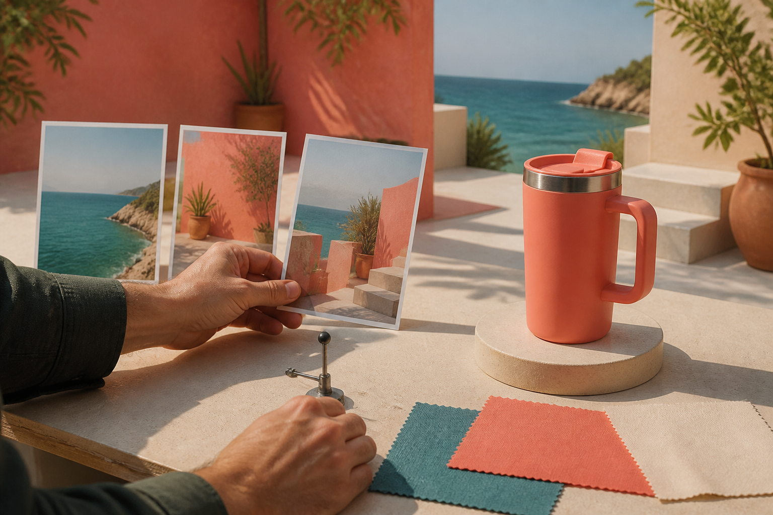 Director aligning visual references and camera movement cues around the same coral travel mug set