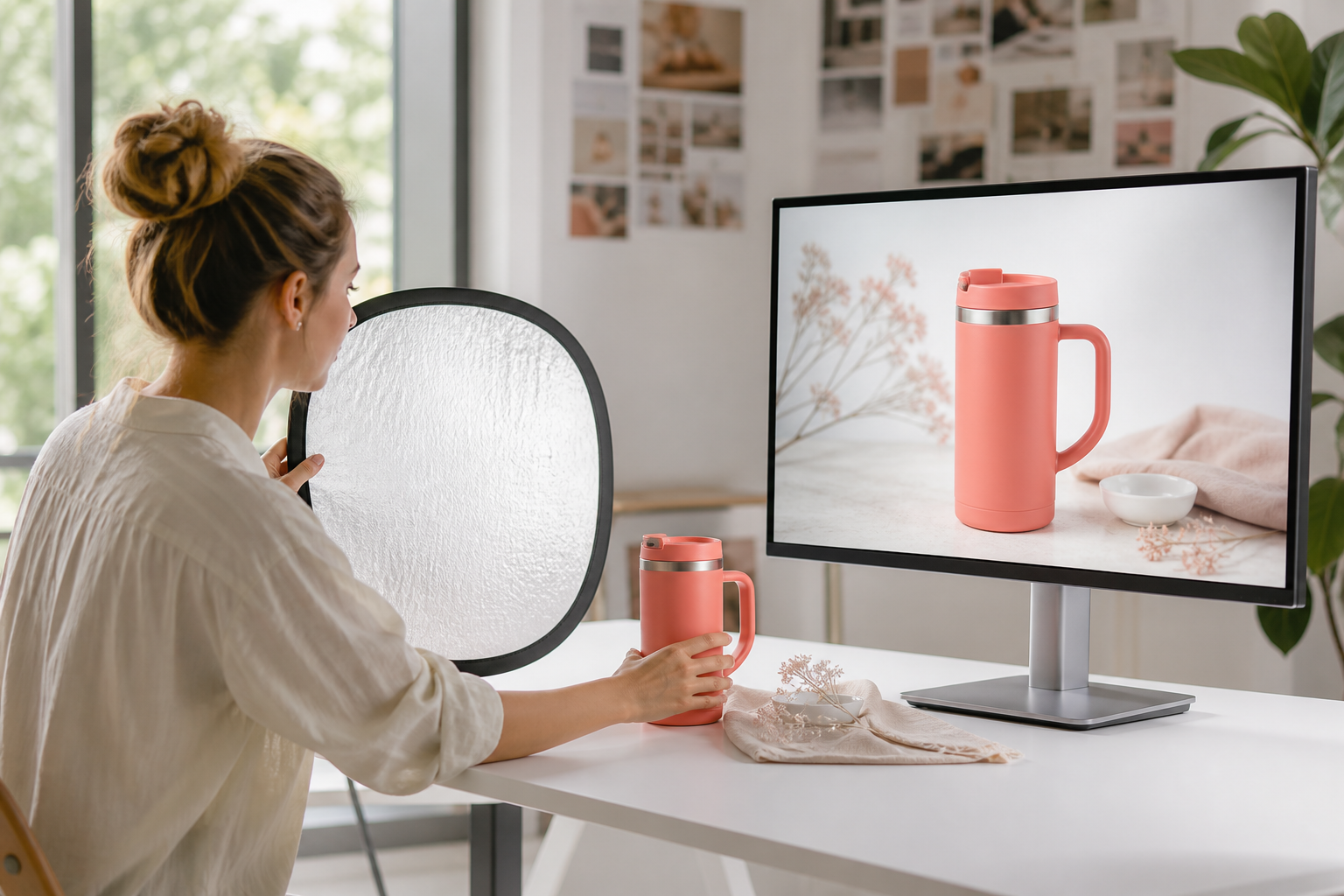 Producer reviewing the finished coral travel mug video scene and refining its final composition