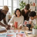 Small brand team arranging product and visual references around a sunlit campaign set
