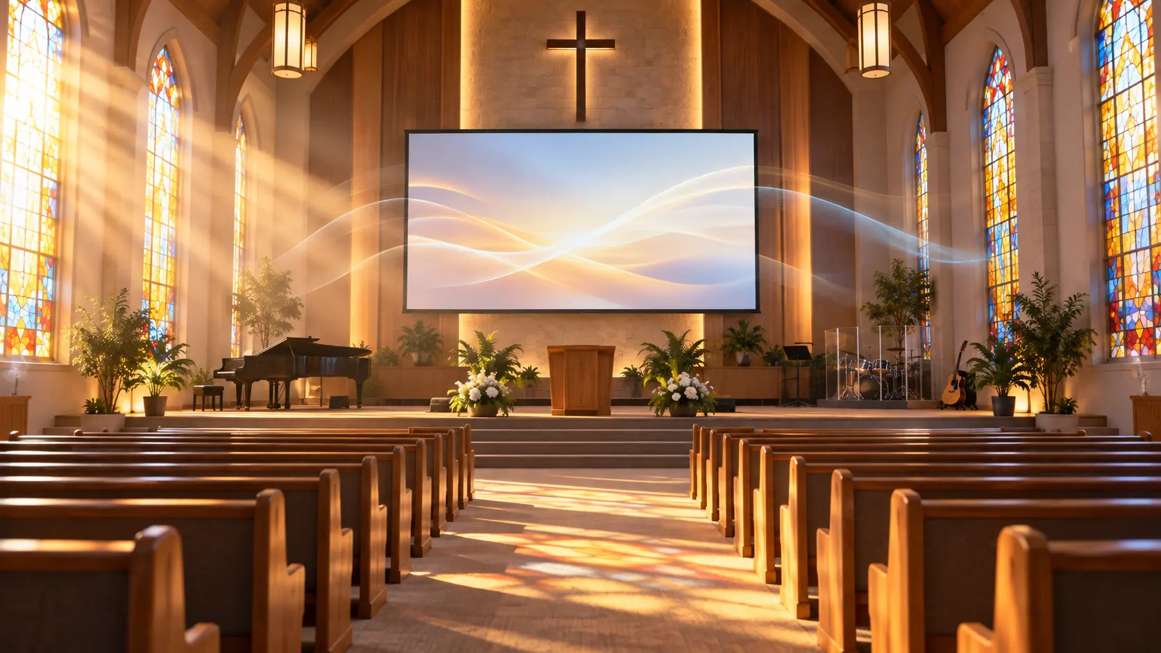 Church sanctuary screen with worship title, logo, and timed intro video frames